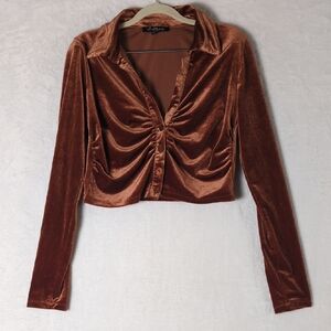 Mixed‎ Threads Junior's Brown Ruched Long Sleeve Crop Top Size L